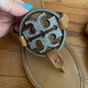 Tory Burch brown miller sandals with bedazzled logo